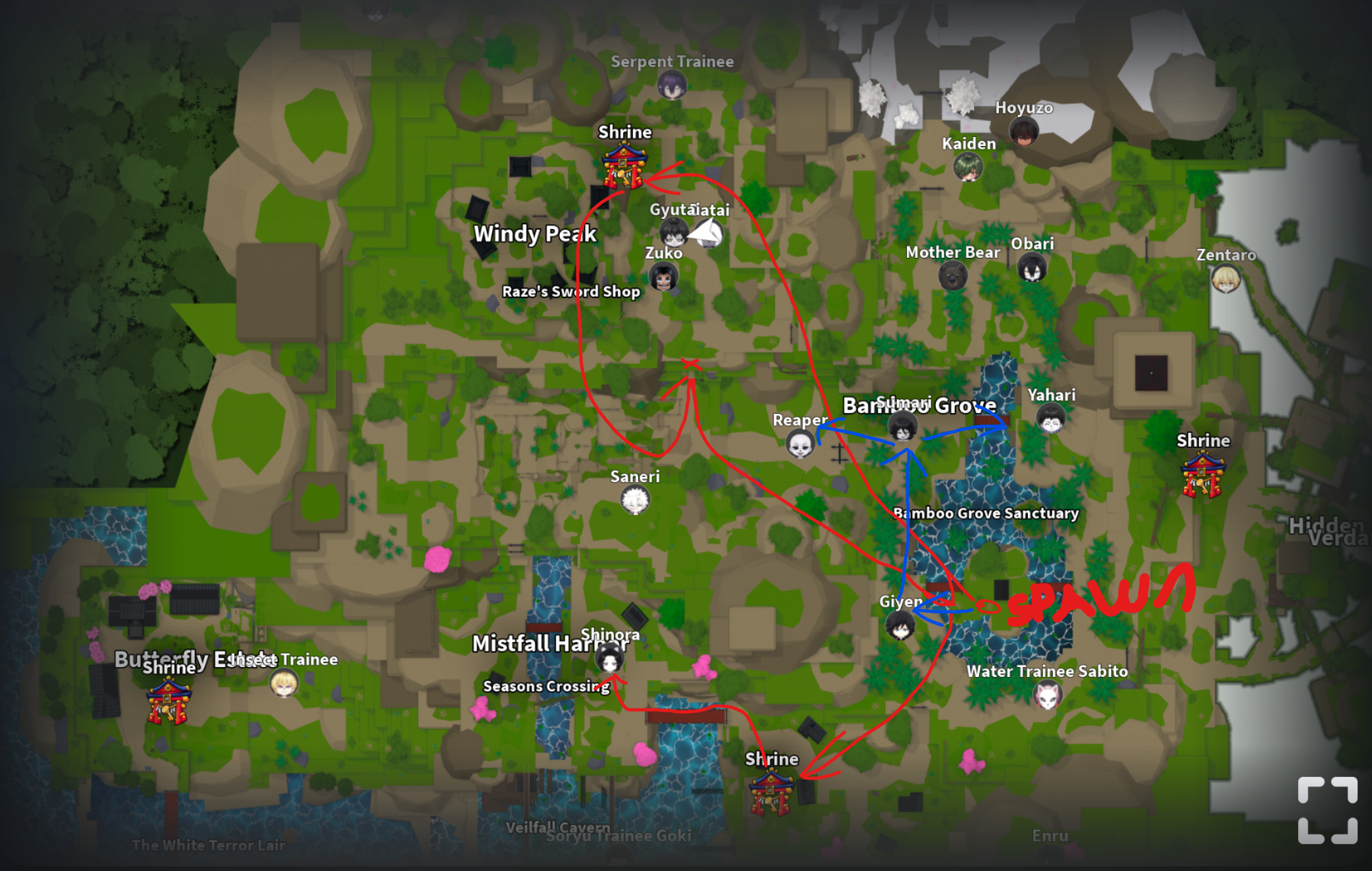 Boss farming route map showing daytime and nighttime paths